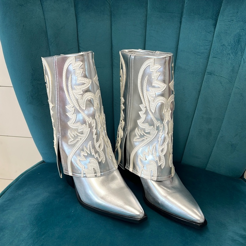 Metallic Silver Western-Inspired Women’s Ankle Boots